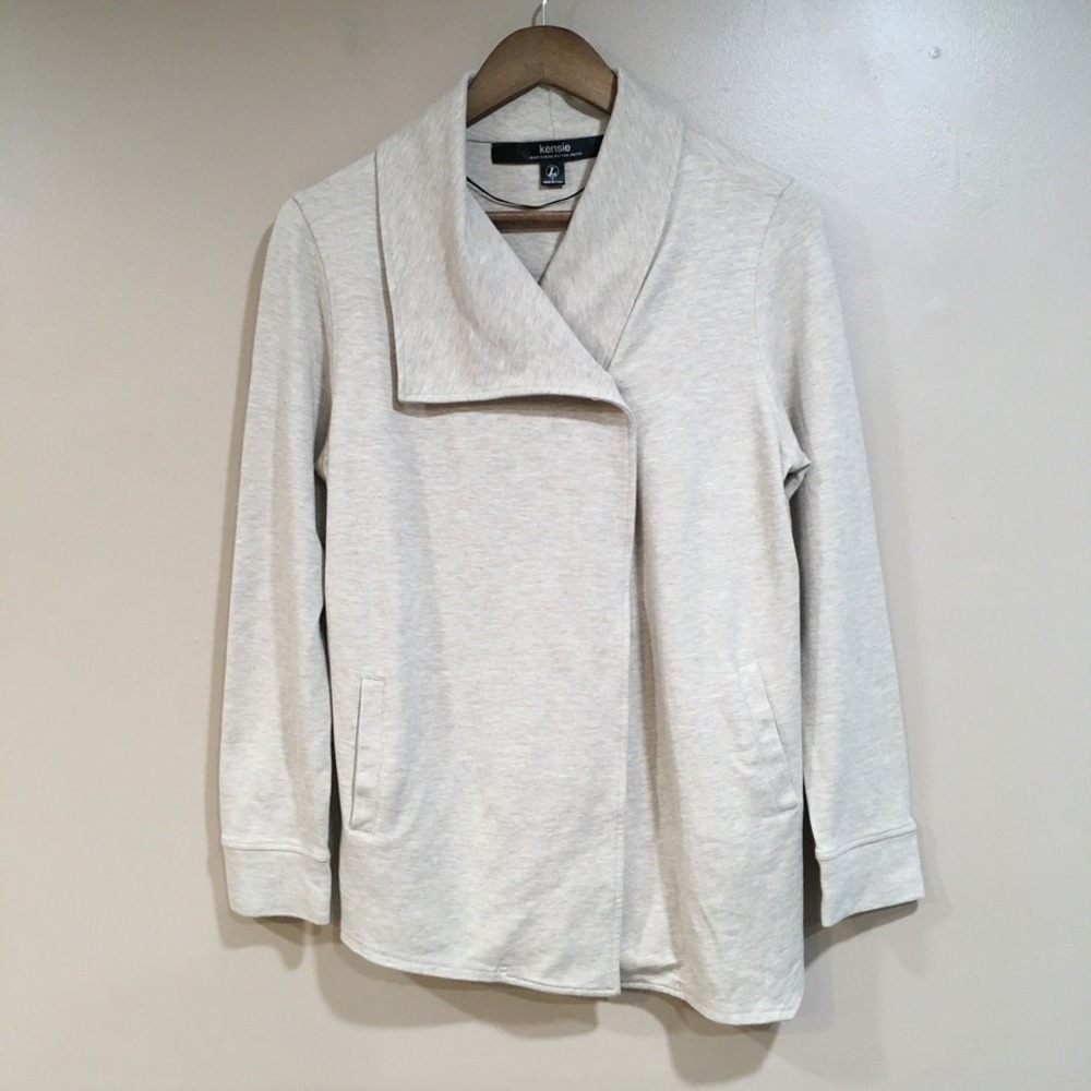 Kensie Drape Neck Cardigan Womens L Beige Cream Coastal Casual Soft Cozy Basic